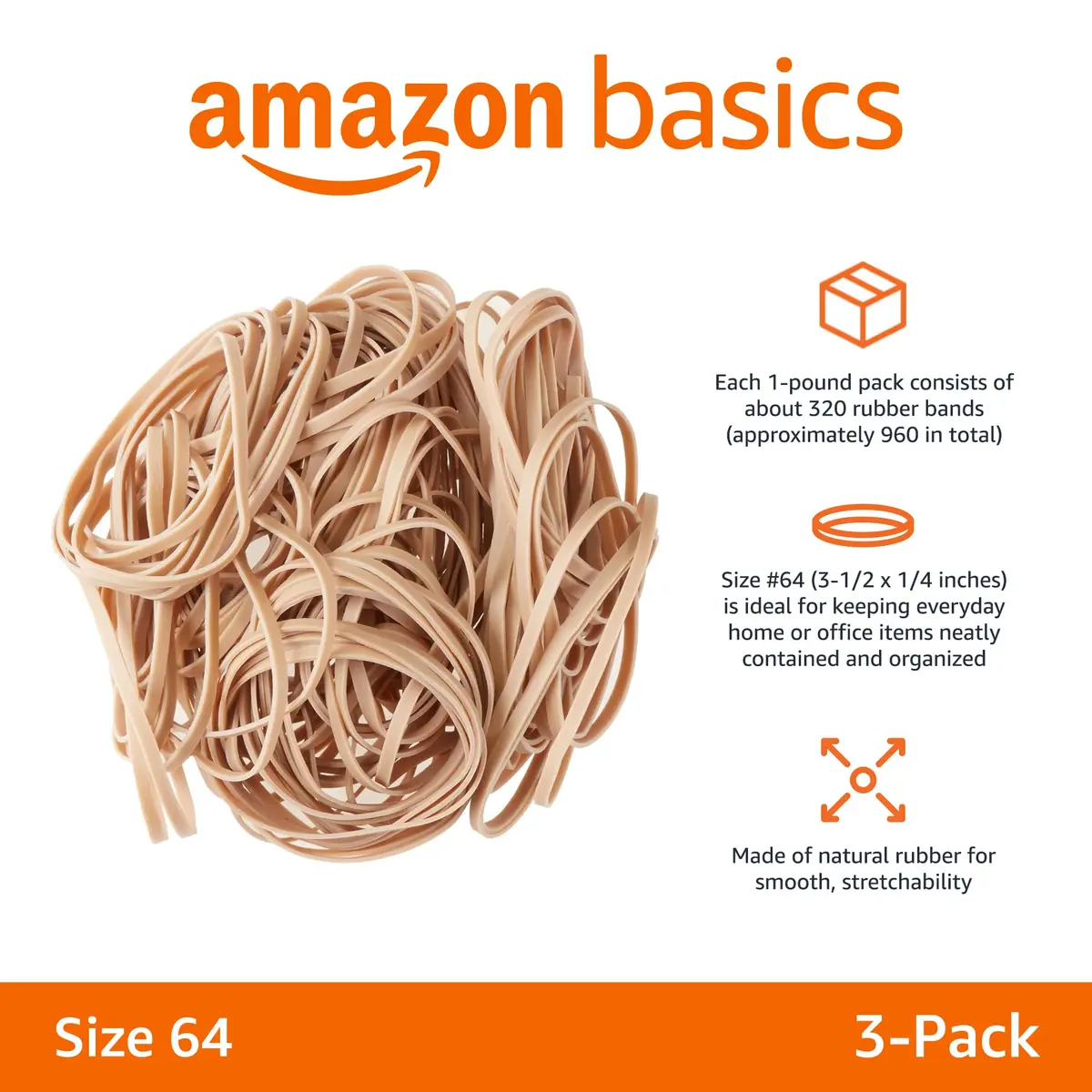 Amazon Basics Rubber Bands, Size 64 (3.5 x 0.25 inches), 960 Bands (3 lbs Total) | Natural Rubber, Tensile Strength - view 2