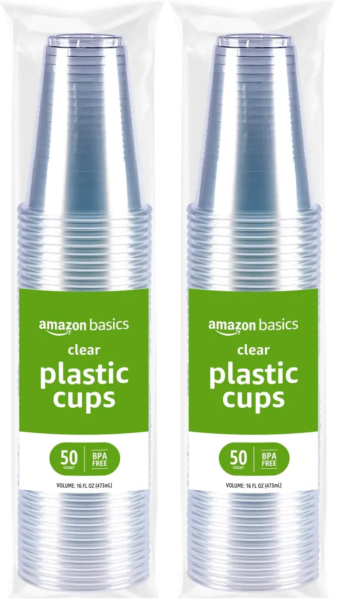 Amazon Basics Disposable Clear Plastic Cups for Cold Drinks, BPA-Free, Easy to Hold, 473ml (16oz) Pack of 100 | Value Pack for Everyday Use - main product image