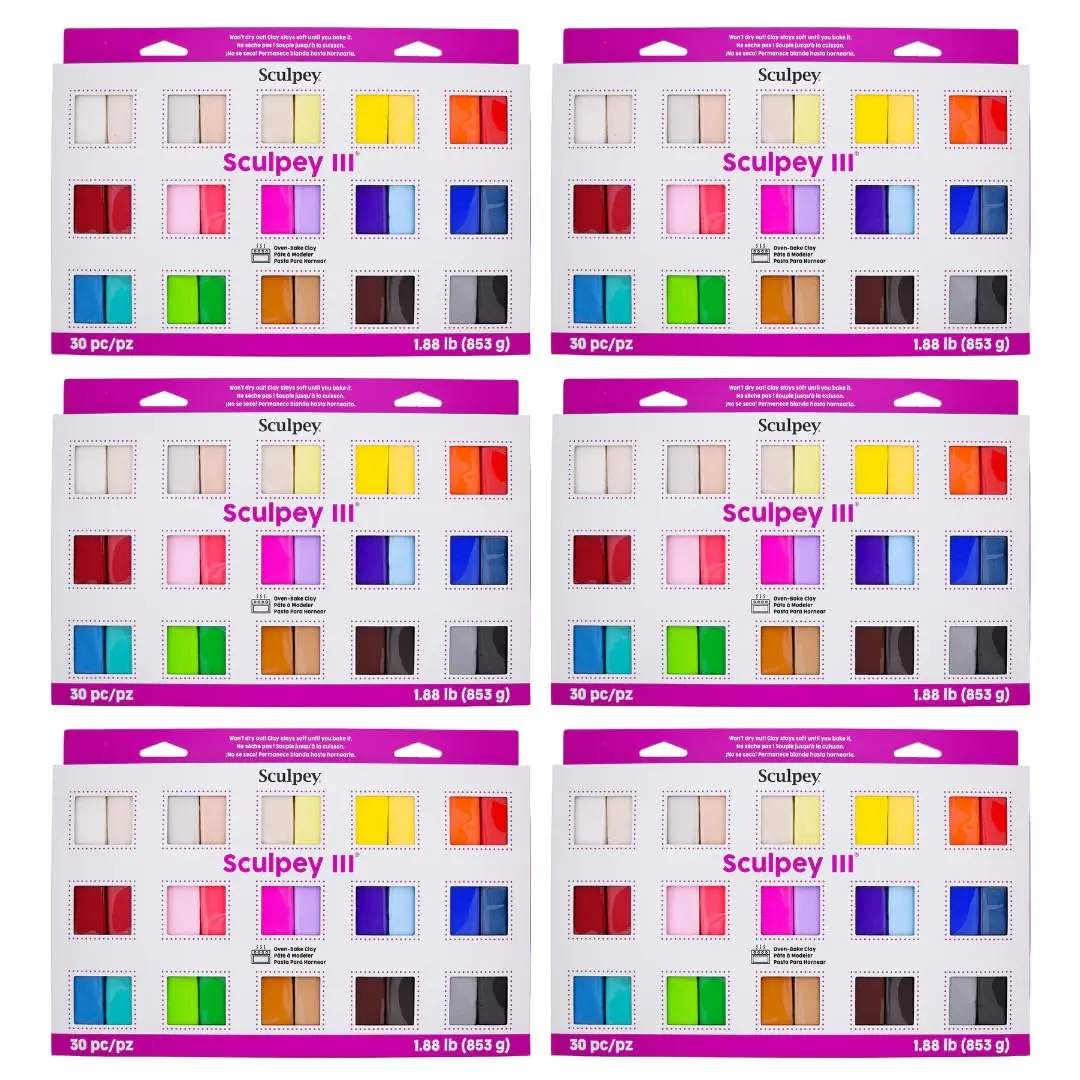 Sculpey III Oven-Bake Polymer Clay 30-Count Sampler Set, 30 Assorted Colors in 1 oz. Bars, Perfect for Jewelry, Home Decor, and General Crafting, Class Pack of 6 Sets, 180 Bars of Clay Total - main product image