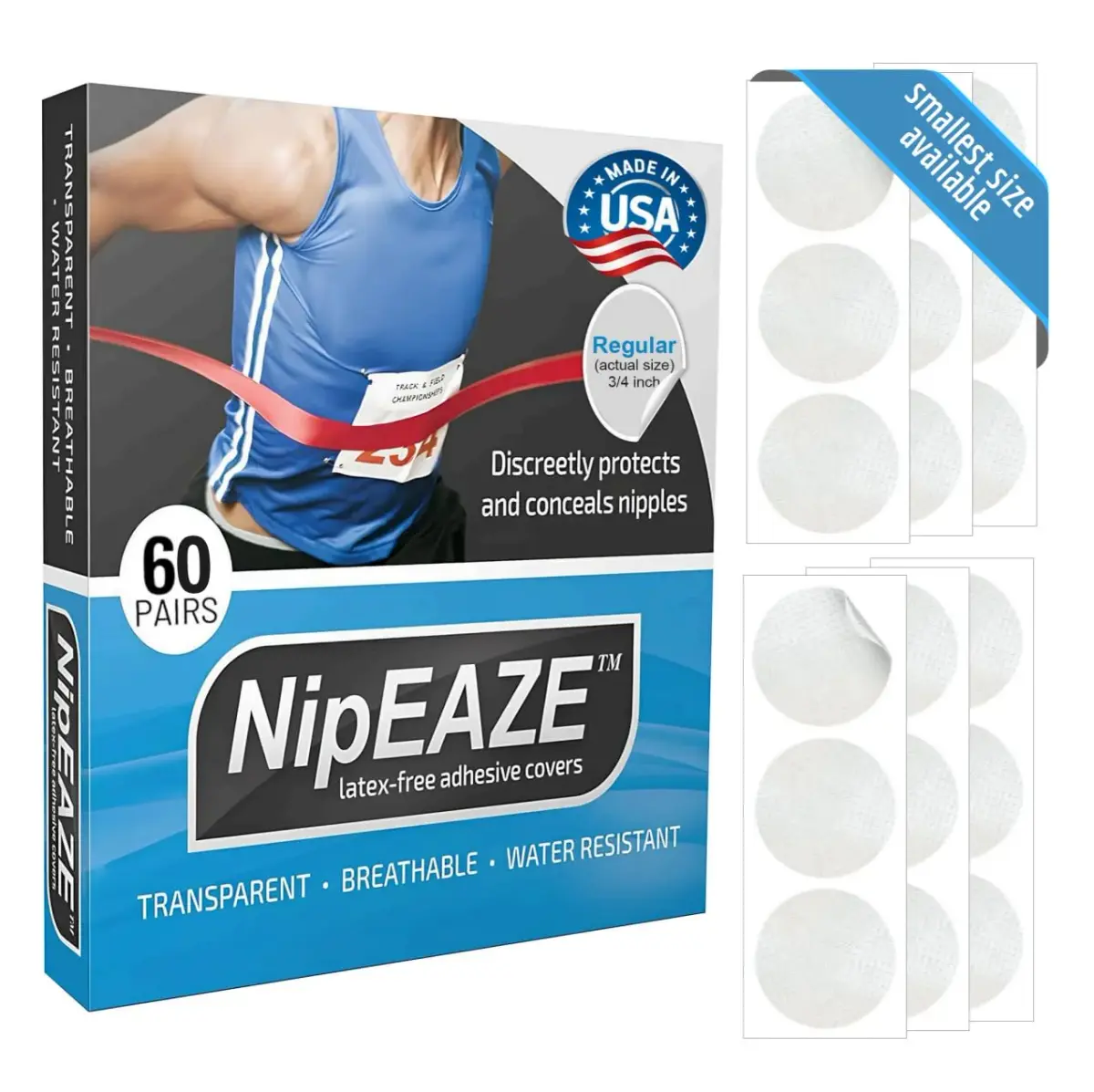 NipEaze Original Sports Nipple Covers - Patented & Proven Chafing Prevention - Regular Size (60 Pairs) | 0.75 Inch Diameter - main product image