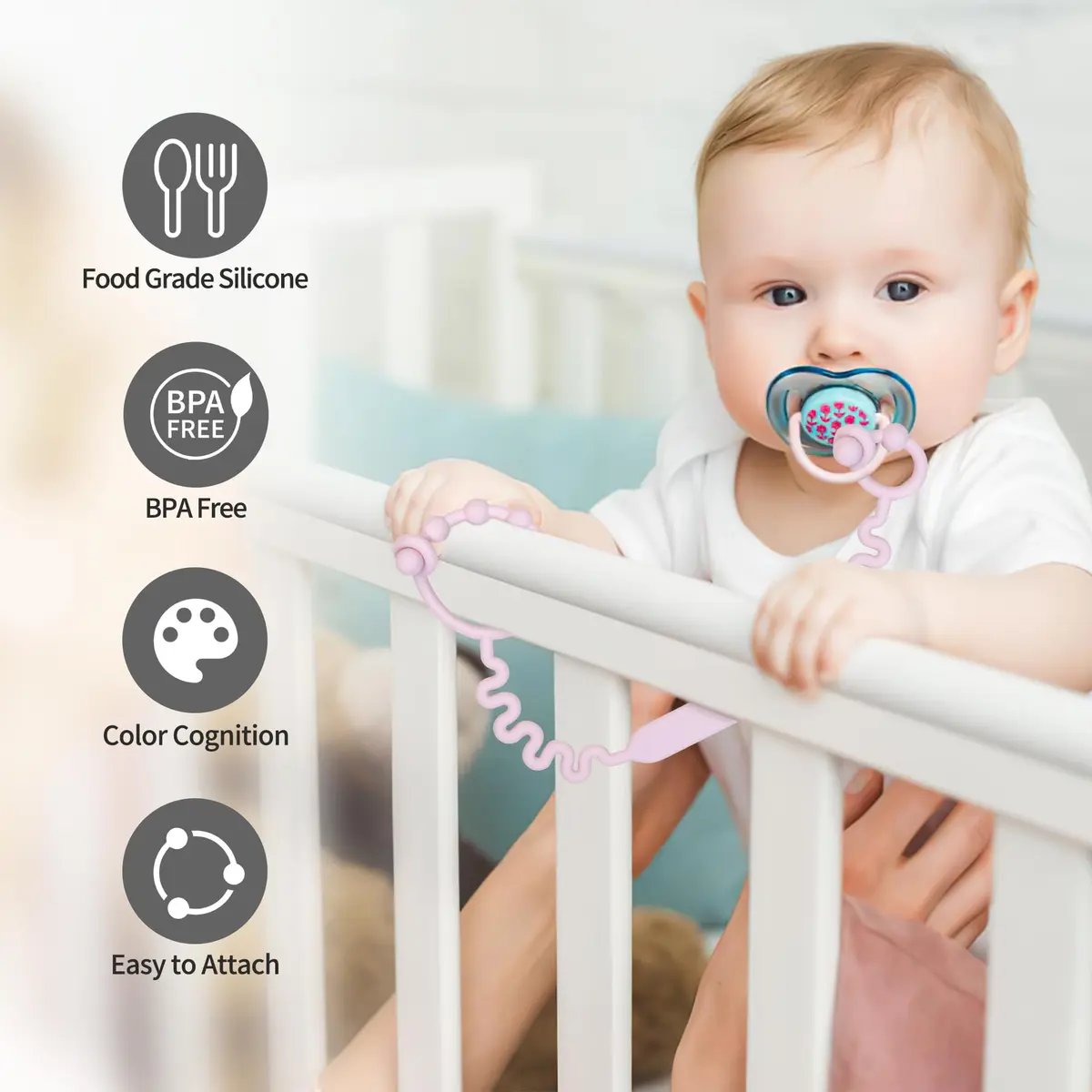 LJOWJVA Toy Straps - Pacifier Holder Clip with Self-Adjusting Bayonet, Pure Silicone, BPA-Free, Multi Colors | Baby Accessories - view 4