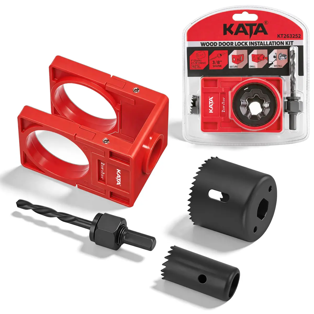 KATA Door Lock Installation Kit with Hole Saw & Guide Template for Wood Doors | Fits 1-3/8” to 1-3/4” Doors - main product image