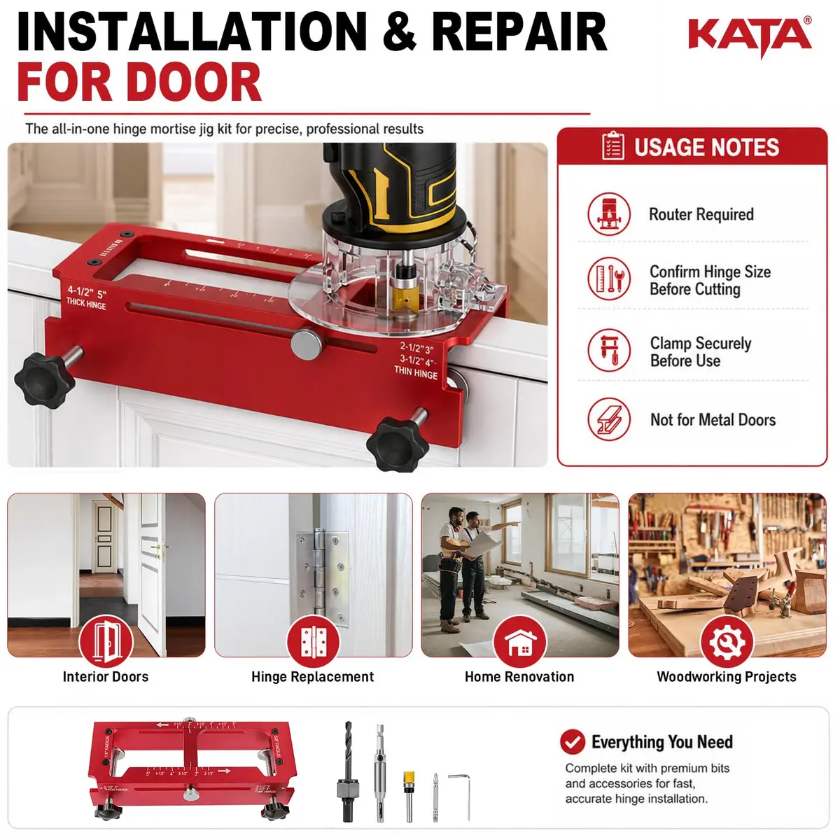 KATA Adjustable Door Hinge Jig for Router 2.5"-5" Hinges | Precision Mortise Tool Kit - view 6