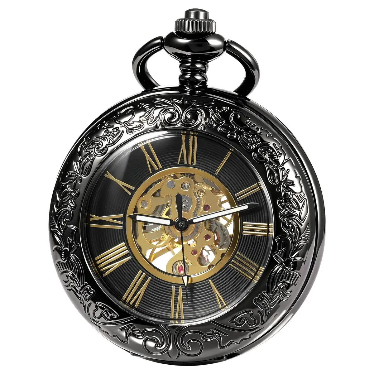 TREEWETO Vintage Mechanical Wind Up Pocket Watch for Men, Black Case | Skeleton, Magnifier & Chain - main product image