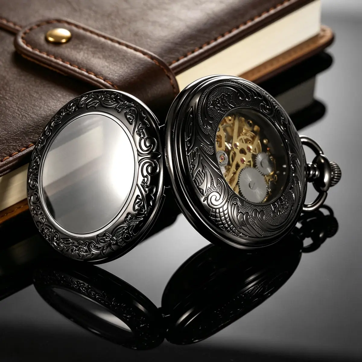 TREEWETO Vintage Mechanical Wind Up Pocket Watch for Men, Black Case | Skeleton, Magnifier & Chain - view 5