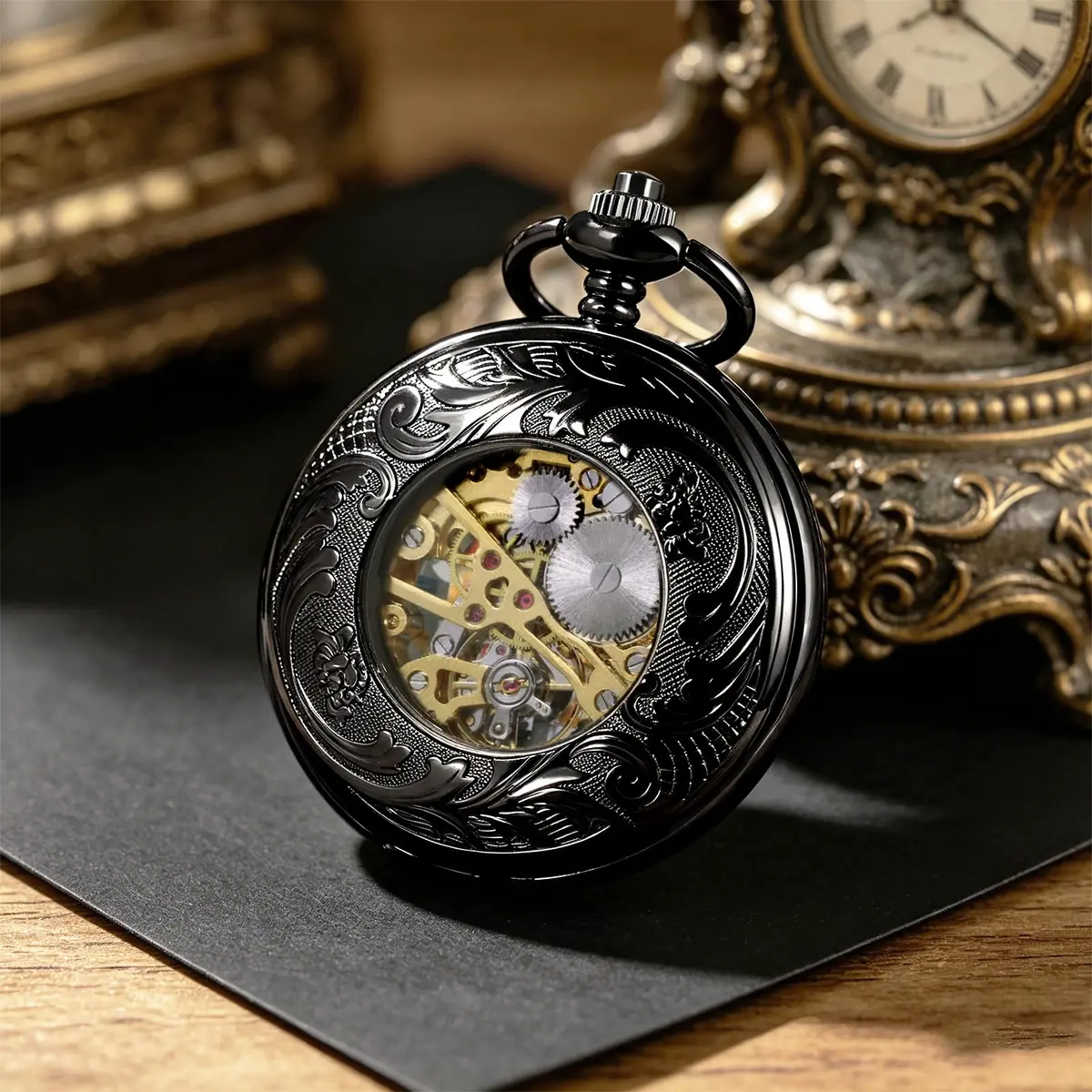 TREEWETO Vintage Mechanical Wind Up Pocket Watch for Men, Black Case | Skeleton, Magnifier & Chain - view 6