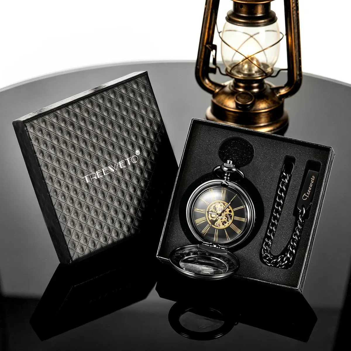 TREEWETO Vintage Mechanical Wind Up Pocket Watch for Men, Black Case | Skeleton, Magnifier & Chain - view 7