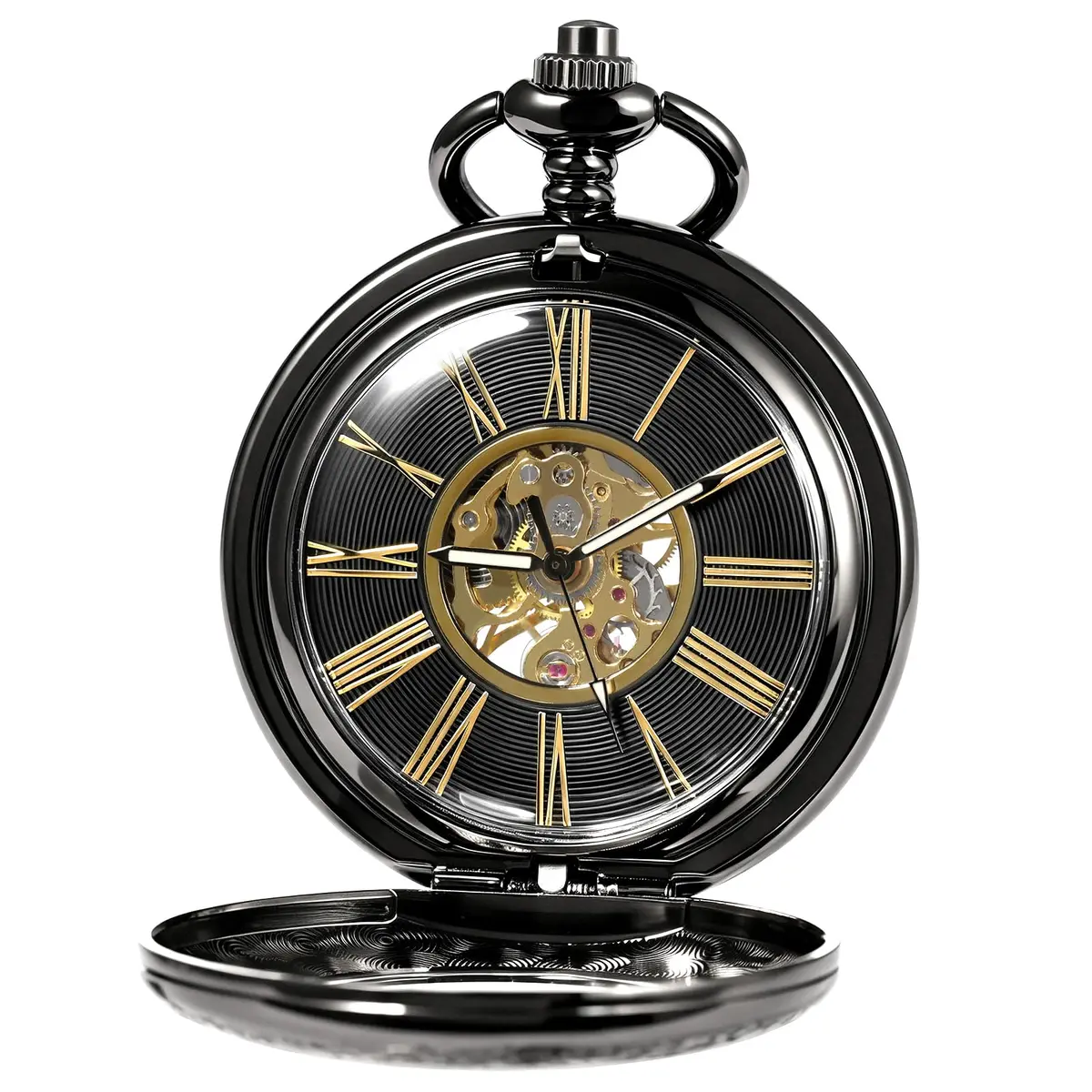 TREEWETO Vintage Mechanical Wind Up Pocket Watch for Men, Black Case | Skeleton, Magnifier & Chain - view 2