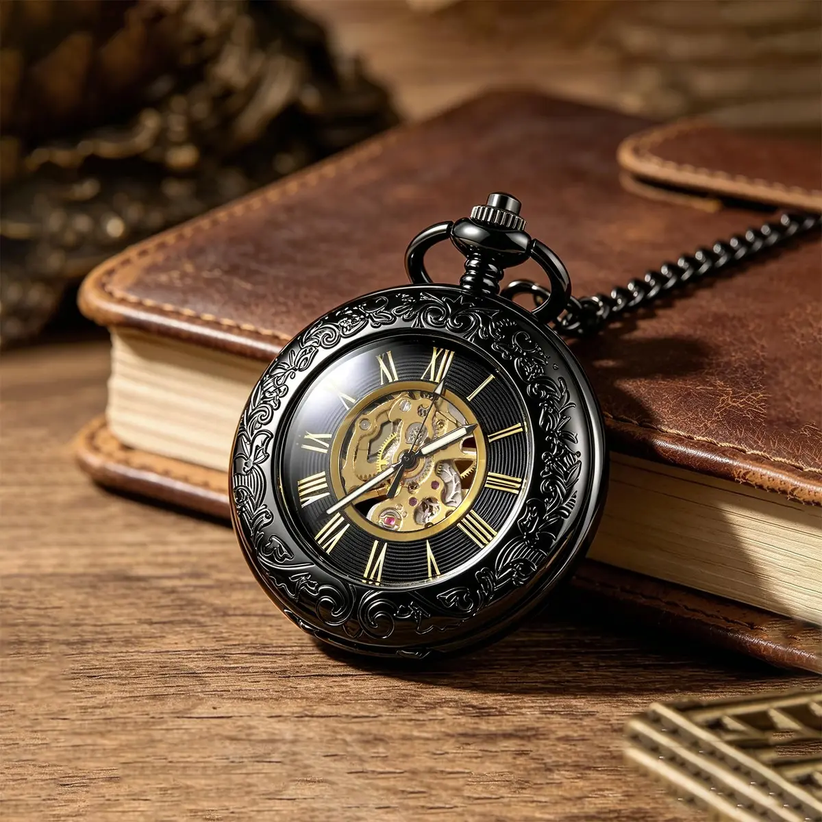 TREEWETO Vintage Mechanical Wind Up Pocket Watch for Men, Black Case | Skeleton, Magnifier & Chain - view 3