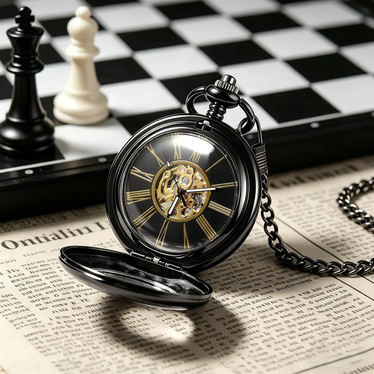 TREEWETO Vintage Mechanical Wind Up Pocket Watch for Men, Black Case | Skeleton, Magnifier & Chain - view 4