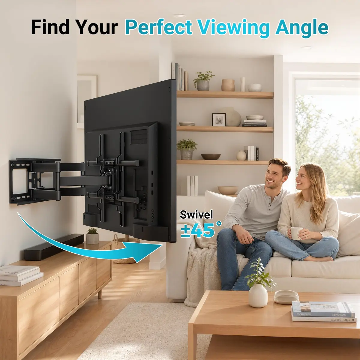 BONTEC Full Motion TV Wall Mount for 37-90 Inch TVs, Heavy Duty Swivel Tilt | Supports 132lbs, VESA 200x100 to 600x400mm - view 6