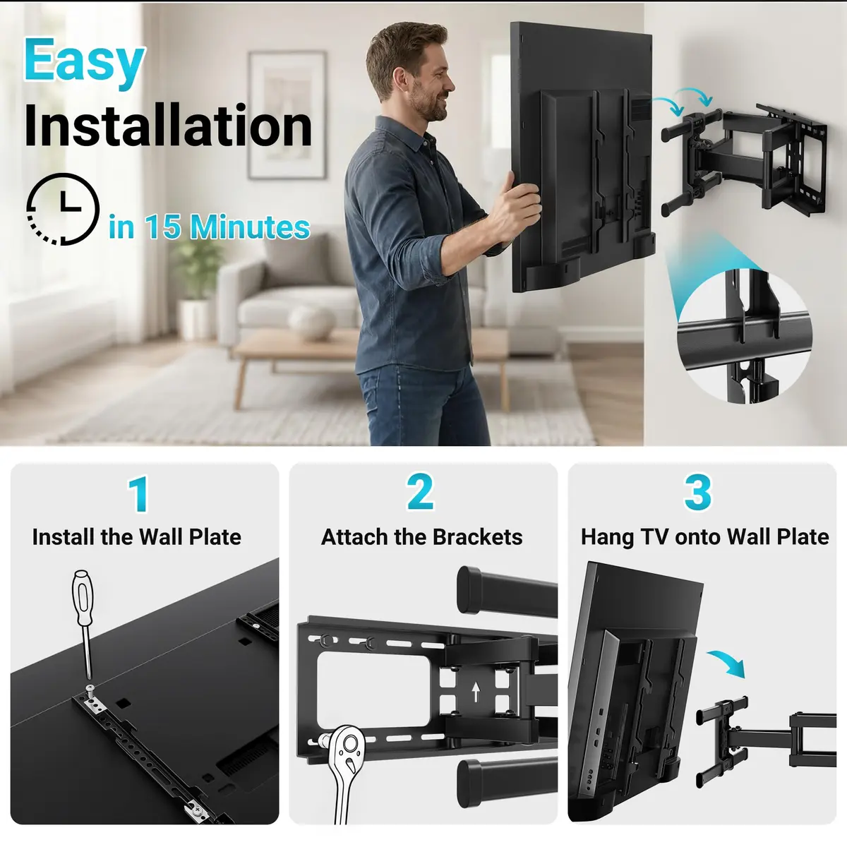 BONTEC Full Motion TV Wall Mount for 37-90 Inch TVs, Heavy Duty Swivel Tilt | Supports 132lbs, VESA 200x100 to 600x400mm - view 9