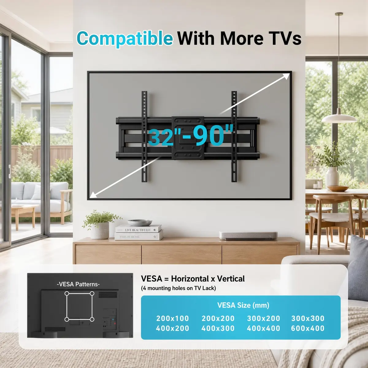 BONTEC Full Motion TV Wall Mount for 37-90 Inch TVs, Heavy Duty Swivel Tilt | Supports 132lbs, VESA 200x100 to 600x400mm - view 2