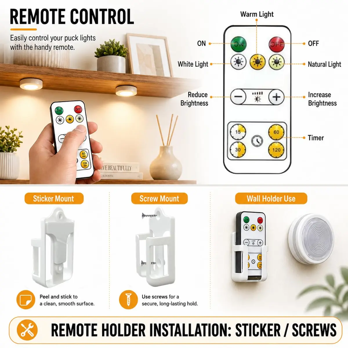 Starxing Battery Operated Puck Lights with Remote, 6-Pack White-3CCT | Wireless LED Under Cabinet Lighting - view 3