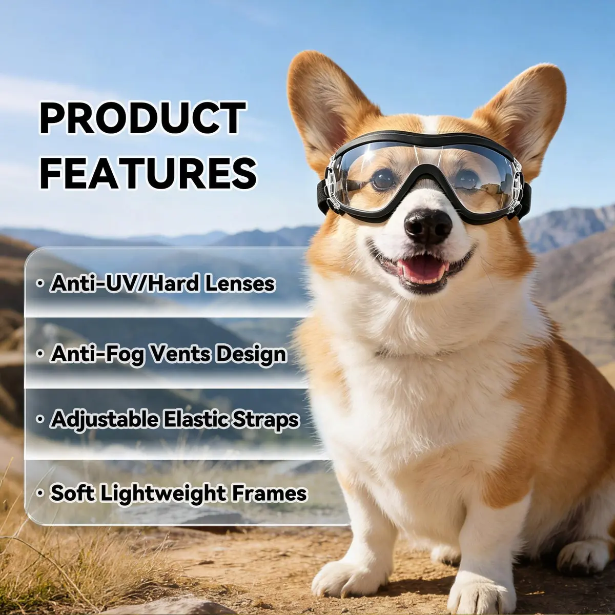 NAMSAN Clear Dog Goggles Small to Medium Breed, Windproof Sunglasses for Dogs Medium Breeds, Puppy Glasses with Elastic Straps, Adjustable, Transparent (1 Unit) - view 3