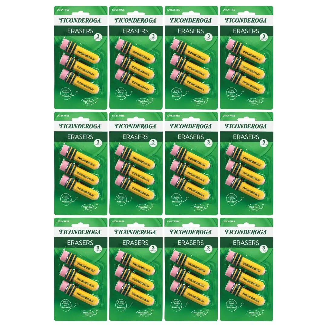 Ticonderoga Pencil Shaped Erasers, 36 Total Erasers (12 Packs of 3) | Smudge Resistant - main product image