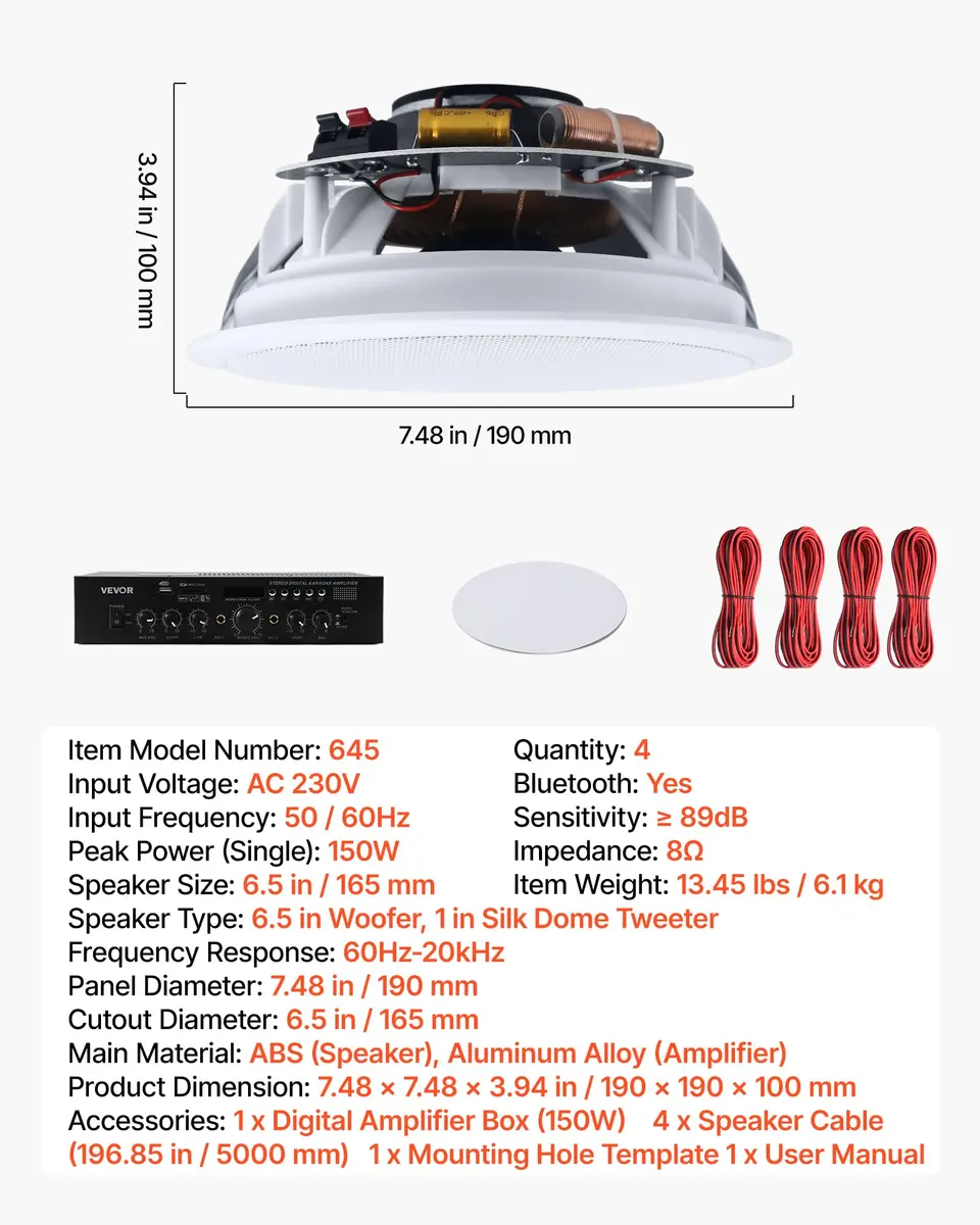 VEVOR Bluetooth Ceiling Speakers, 6.5" | 150W, in Ceiling & in-Wall System with Amplifier - view 7