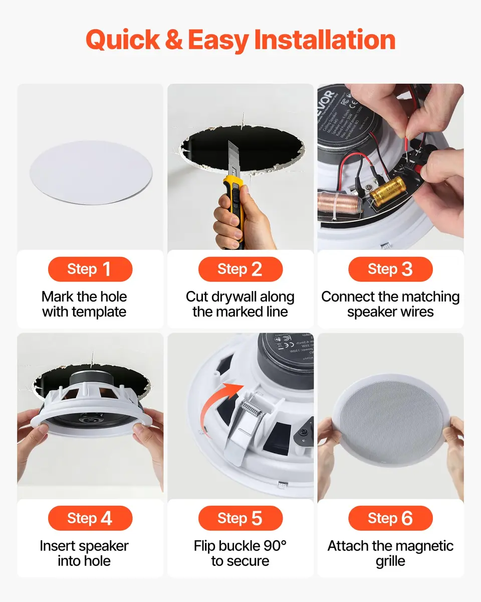 VEVOR Bluetooth Ceiling Speakers, 6.5" | 150W, in Ceiling & in-Wall System with Amplifier - view 8