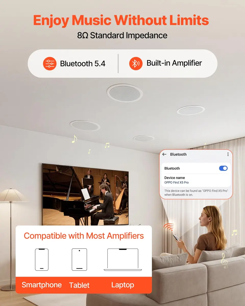 VEVOR Bluetooth Ceiling Speakers, 6.5" | 150W, in Ceiling & in-Wall System with Amplifier - view 3