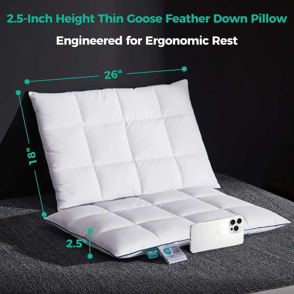 Three Geese Ultra Thin Flat Goose Down Feather Pillows Set of 2 | 2.5 inch Height, 18x26 Inch - view 5