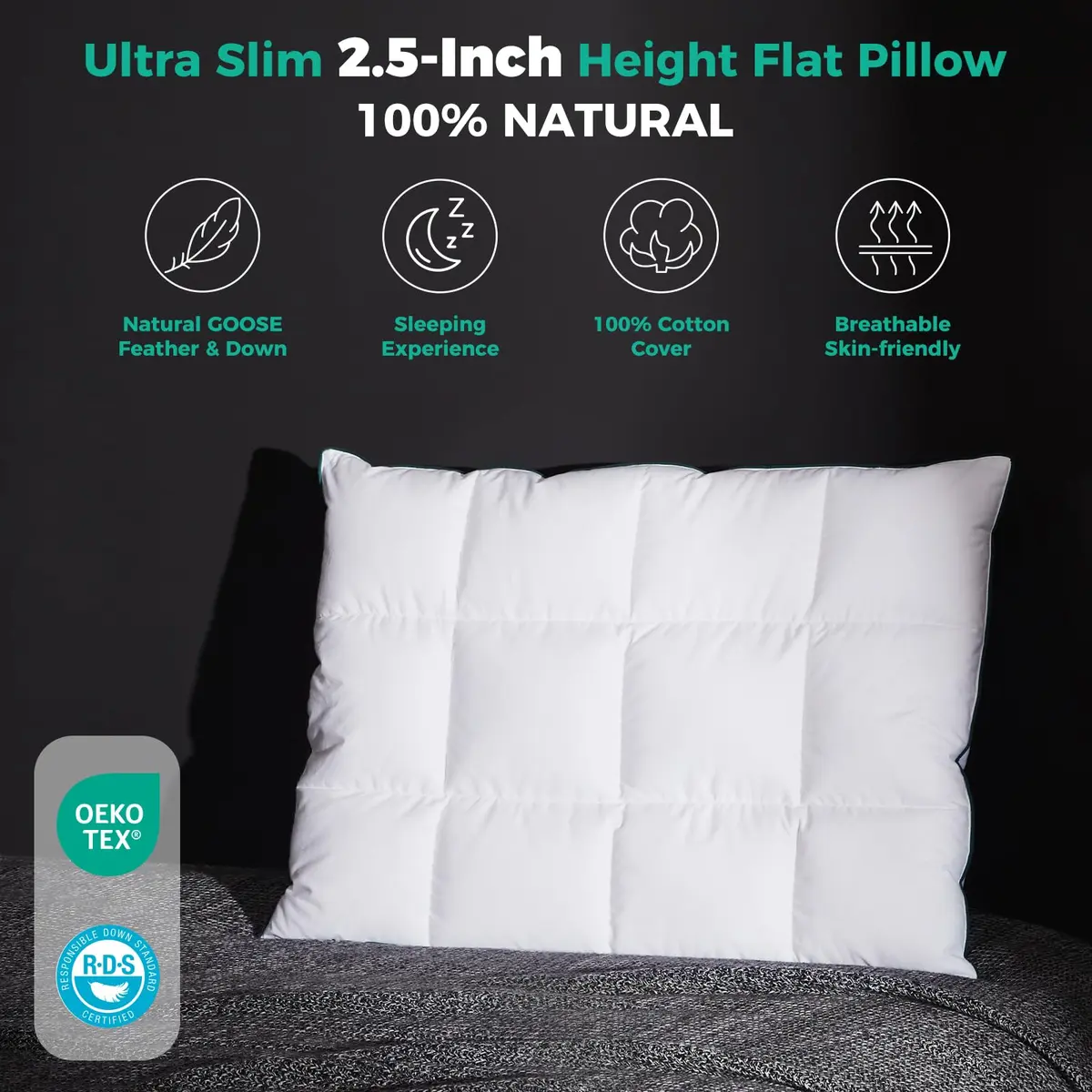 Three Geese Ultra Thin Flat Goose Down Feather Pillows Set of 2 | 2.5 inch Height, 18x26 Inch - view 2