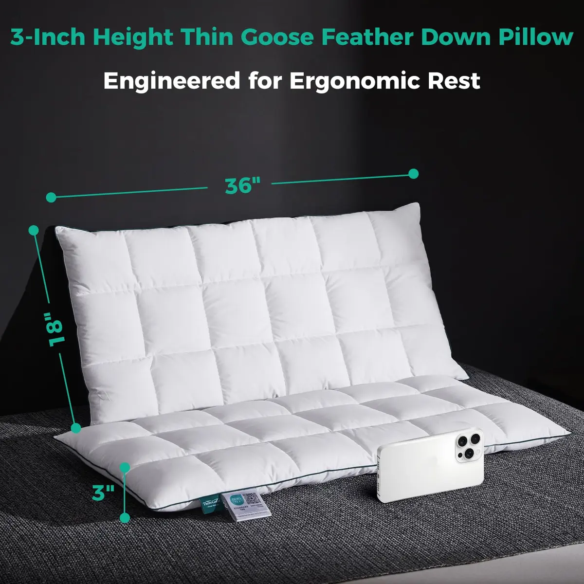 Three Geese Ultra Thin Flat Goose Down Feather Pillow King Size 91cm (36 Inches) | OEKO-TEX Certified Cotton Cover - view 5
