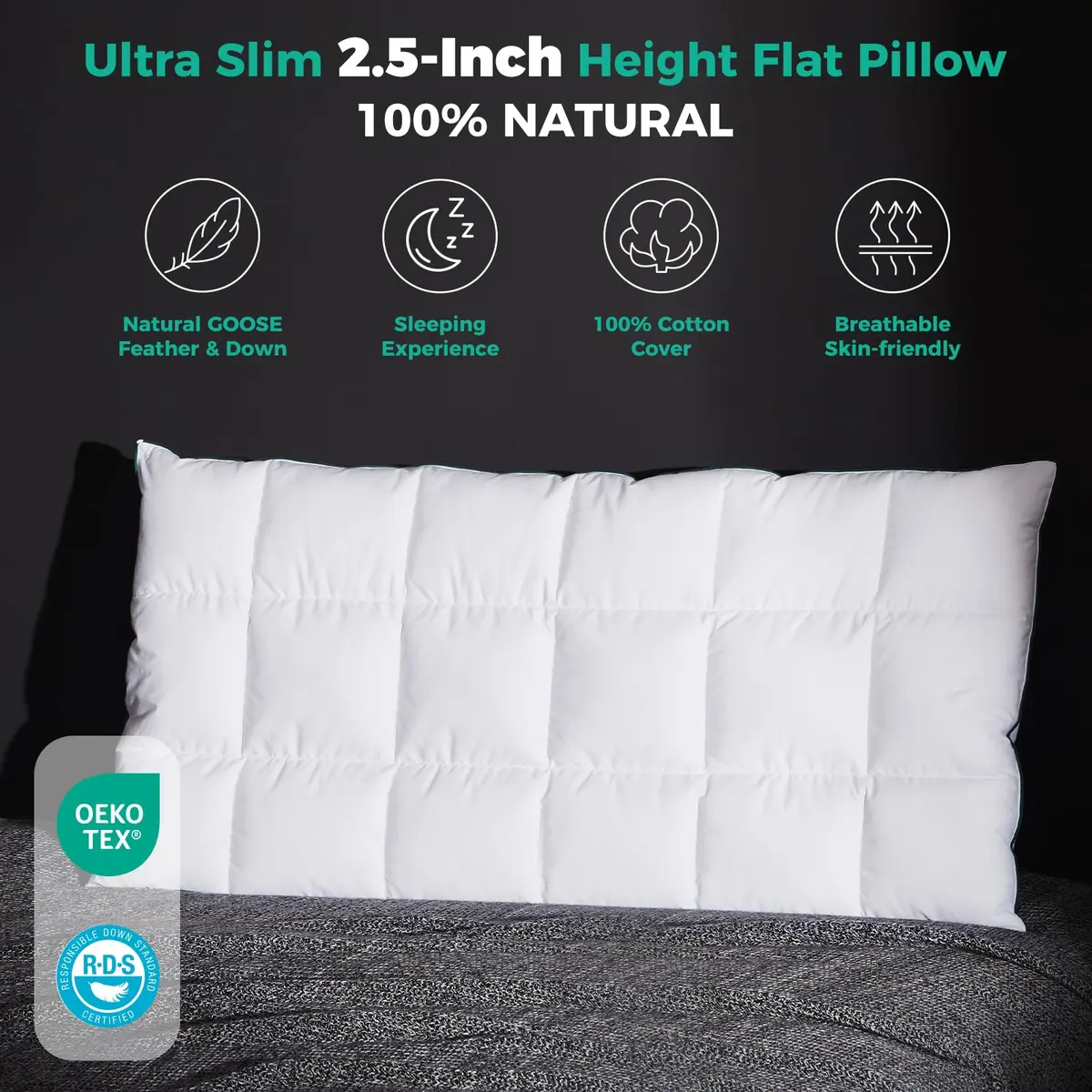 Three Geese Ultra Thin Flat Goose Down Feather Pillow King Size 91cm (36 Inches) | OEKO-TEX Certified Cotton Cover - view 2