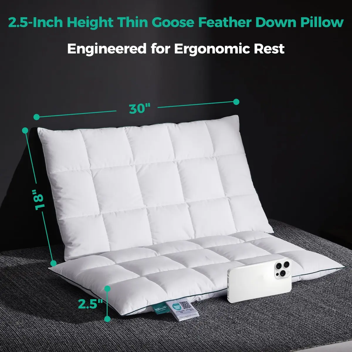 Three Geese Ultra Thin Flat Goose Down Feather Pillow Set of 2 | 2.5" Height, 100% Cotton Cover, Ergonomic Support for Sleep & Travel - view 5