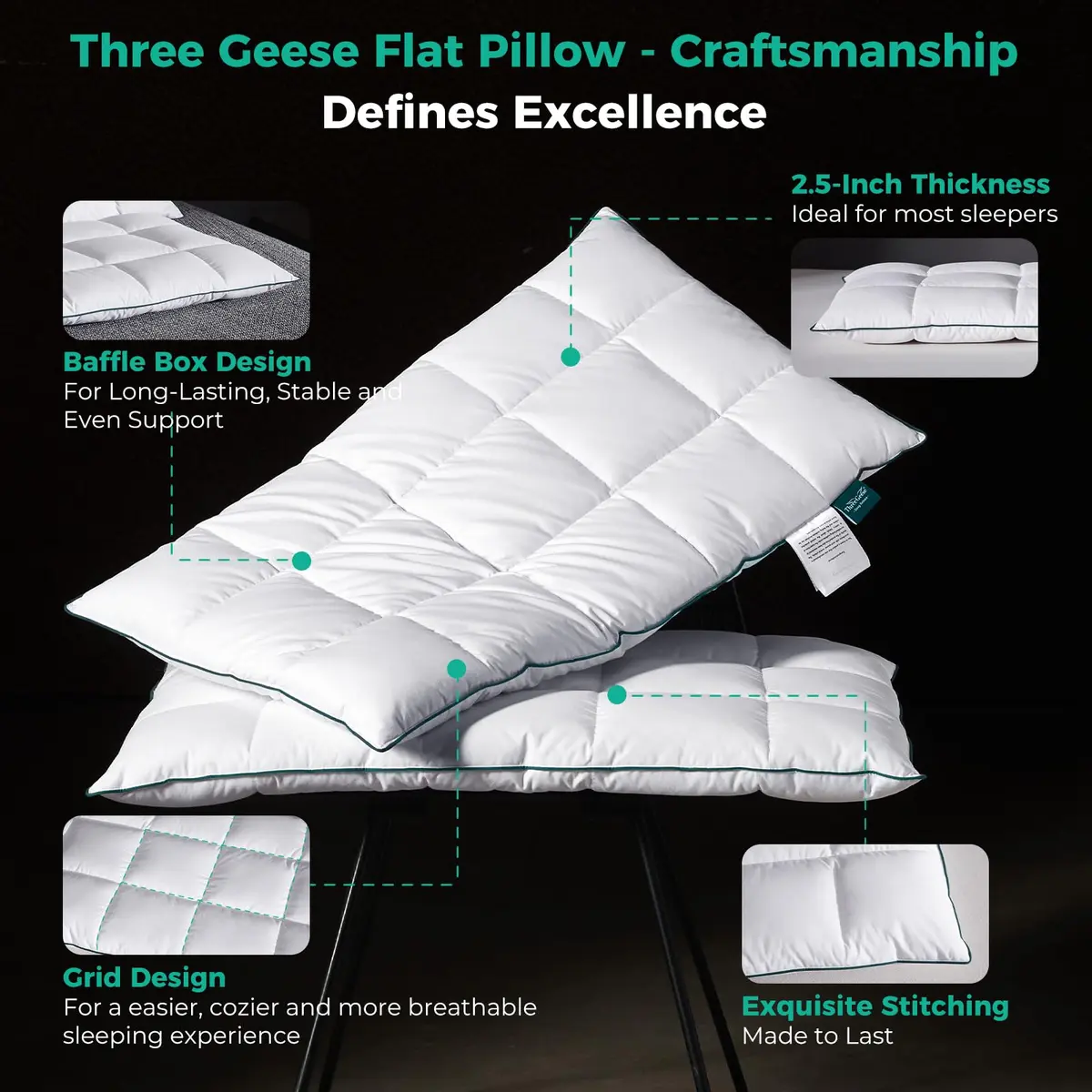 Three Geese Ultra Thin Flat Goose Down Feather Pillow Set of 2 | 2.5" Height, 100% Cotton Cover, Ergonomic Support for Sleep & Travel - view 7