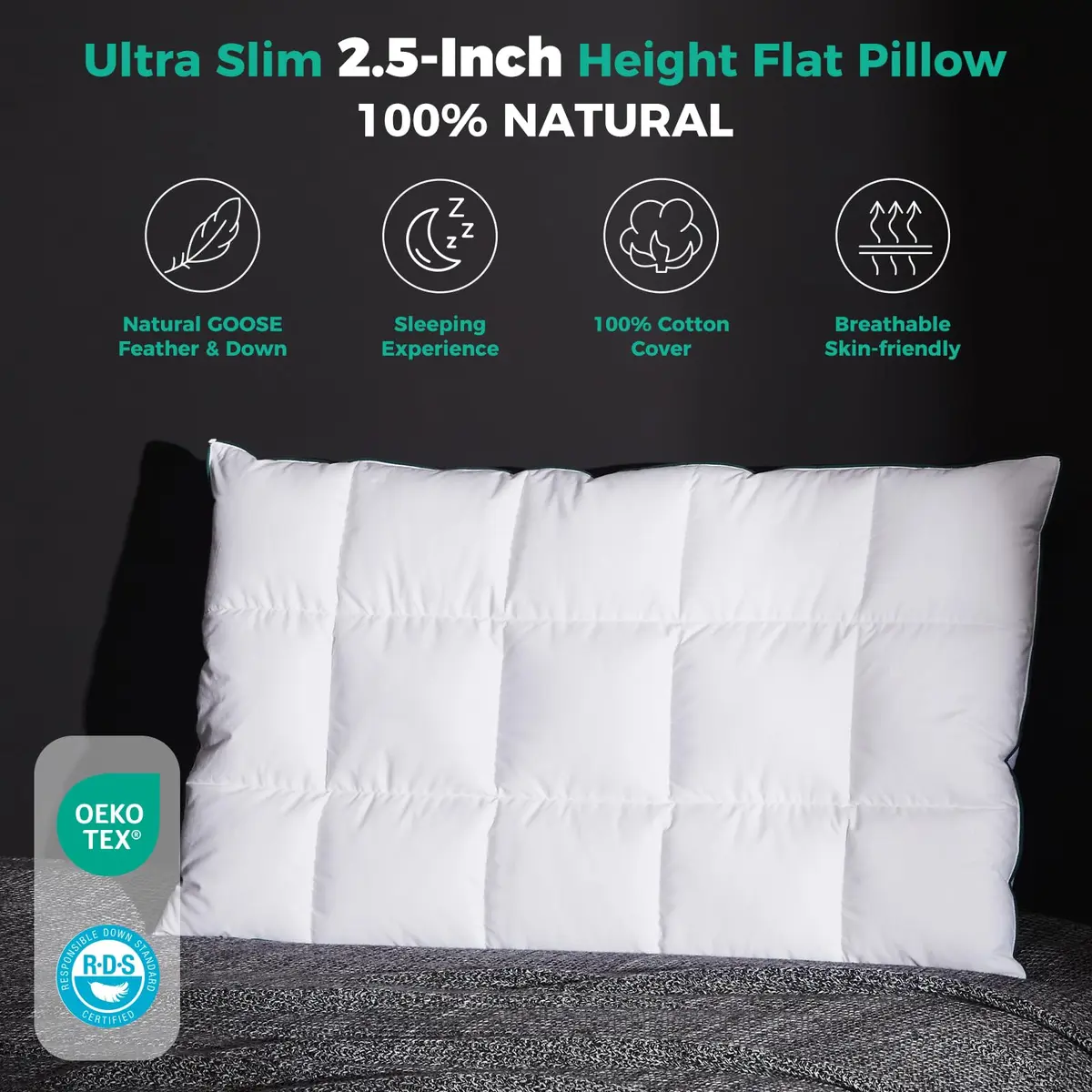 Three Geese Ultra Thin Flat Goose Down Feather Pillow Set of 2 | 2.5" Height, 100% Cotton Cover, Ergonomic Support for Sleep & Travel - view 2