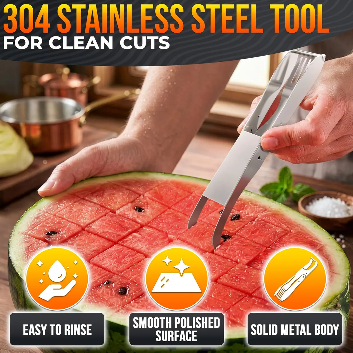 BURIUS Watermelon Cutter Slicer Tool 2-in-1, Stainless Steel | Cubes & Slices for Fruit Salads & Picnics - view 6