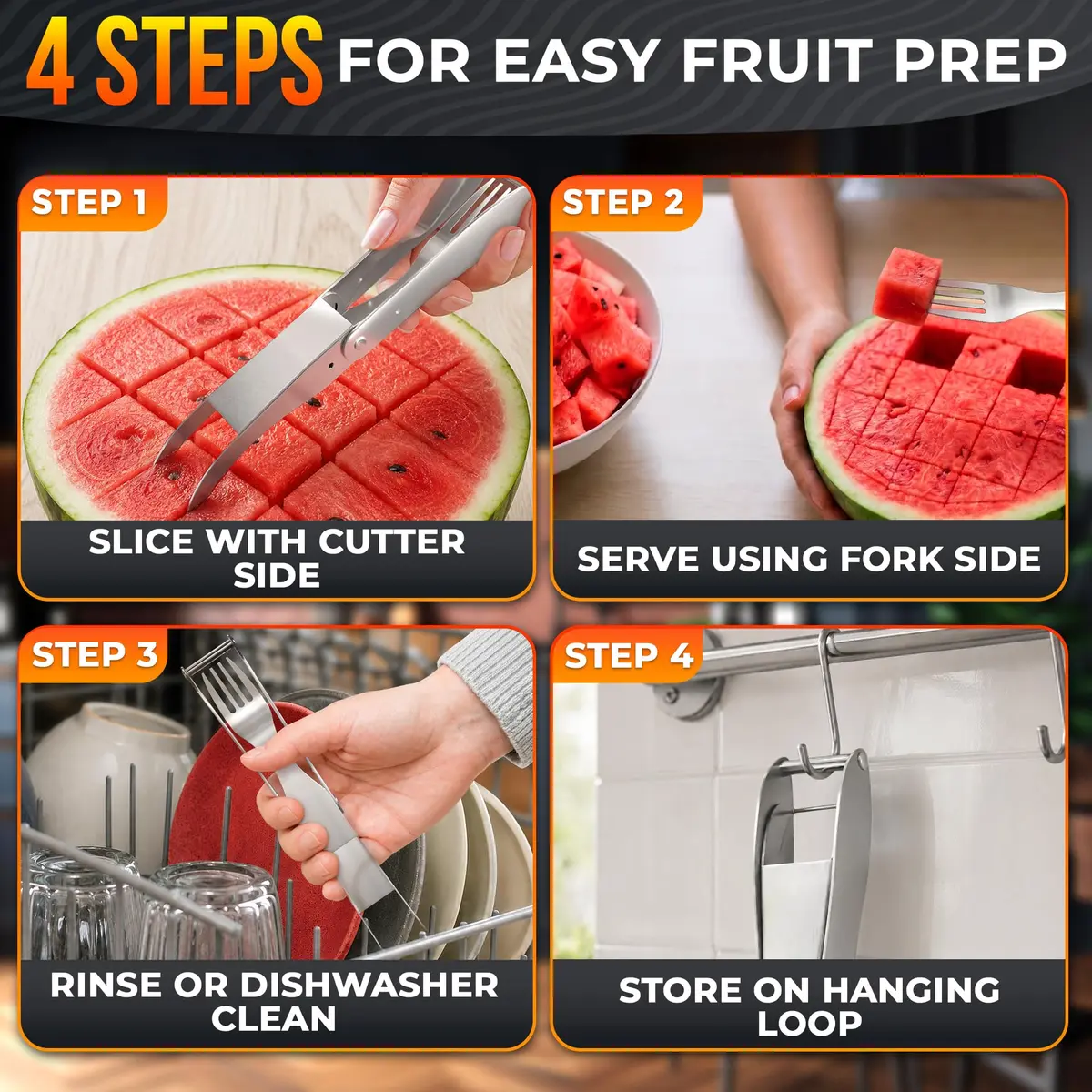 BURIUS Watermelon Cutter Slicer Tool 2-in-1, Stainless Steel | Cubes & Slices for Fruit Salads & Picnics - view 7