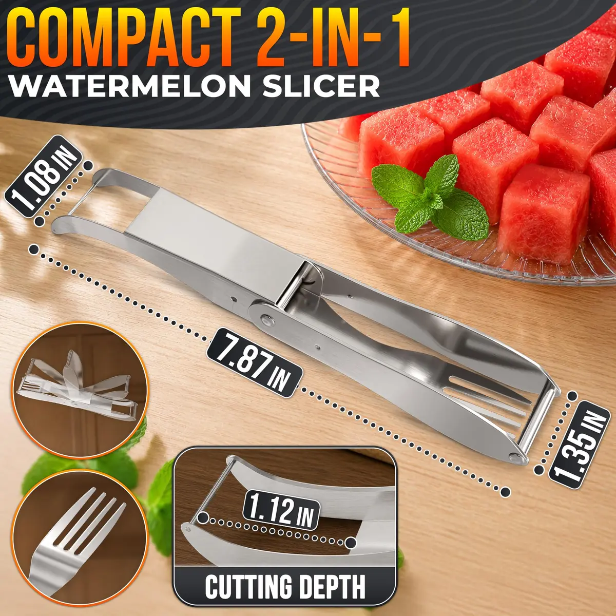 BURIUS Watermelon Cutter Slicer Tool 2-in-1, Stainless Steel | Cubes & Slices for Fruit Salads & Picnics - view 2