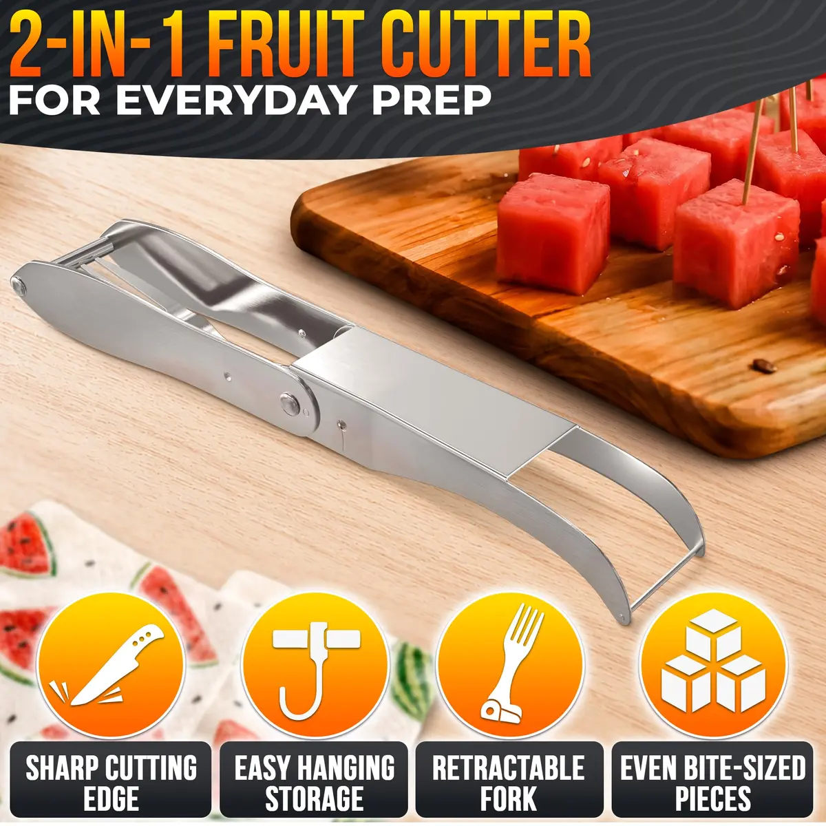 BURIUS Watermelon Cutter Slicer Tool 2-in-1, Stainless Steel | Cubes & Slices for Fruit Salads & Picnics - view 4