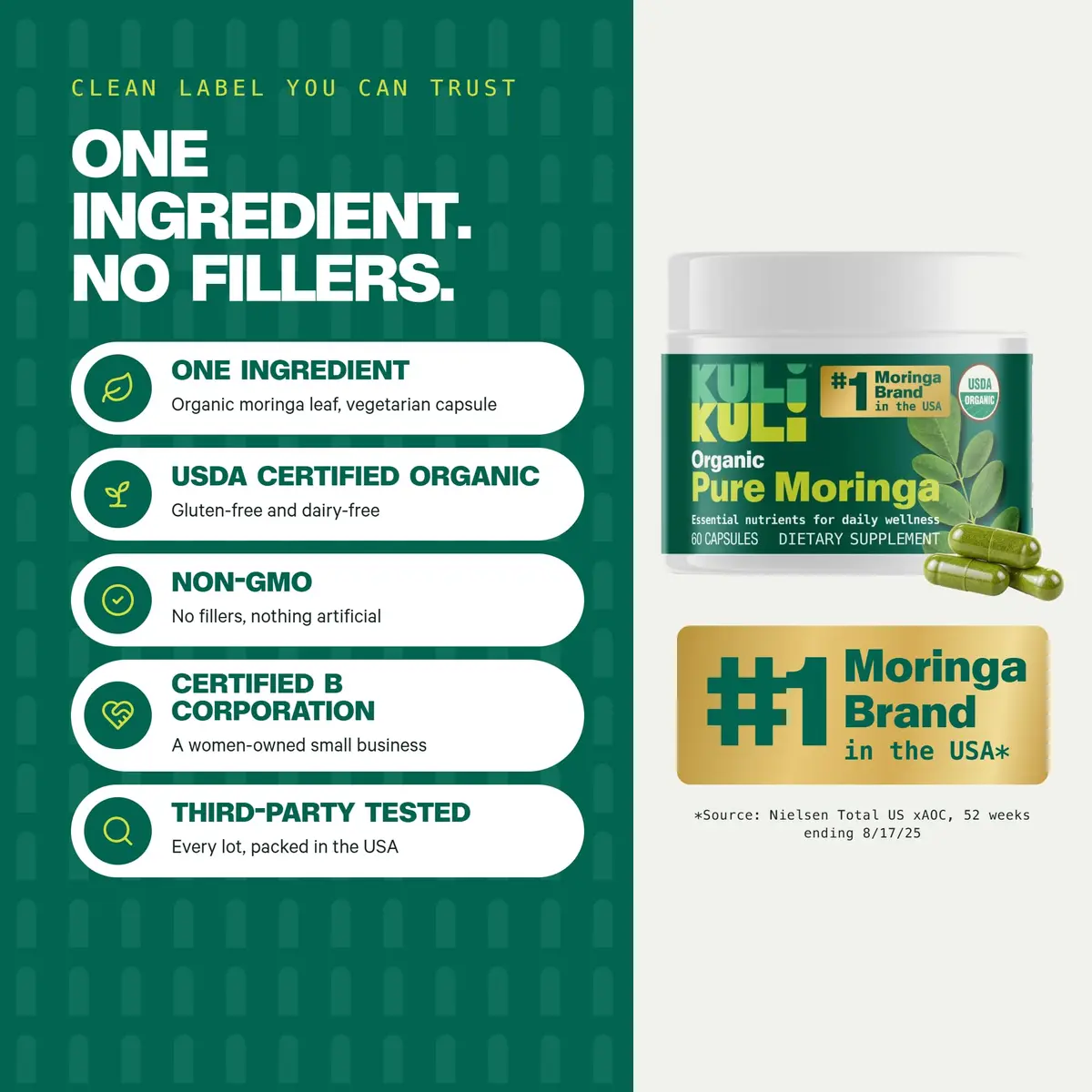 Kuli Kuli Organic Moringa Capsules 1000mg | Pure Leaf Supplement, 120ct, Vegetarian, USDA Organic - view 3