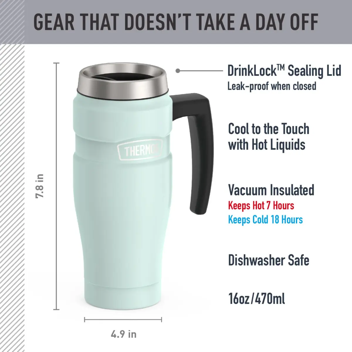 THERMOS Stainless King 16oz Travel Tumbler Mug with Handle, Matte Light Blue - view 2