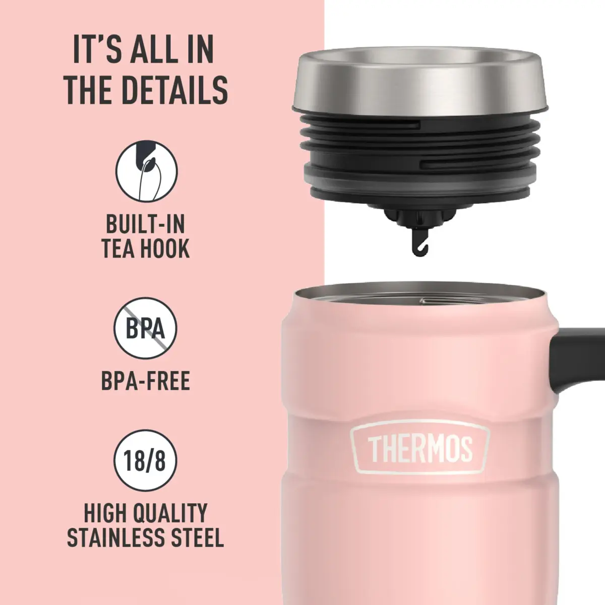 THERMOS Stainless King 16oz Travel Mug with Handle, Matte Pink - Insulated Tumbler - view 4