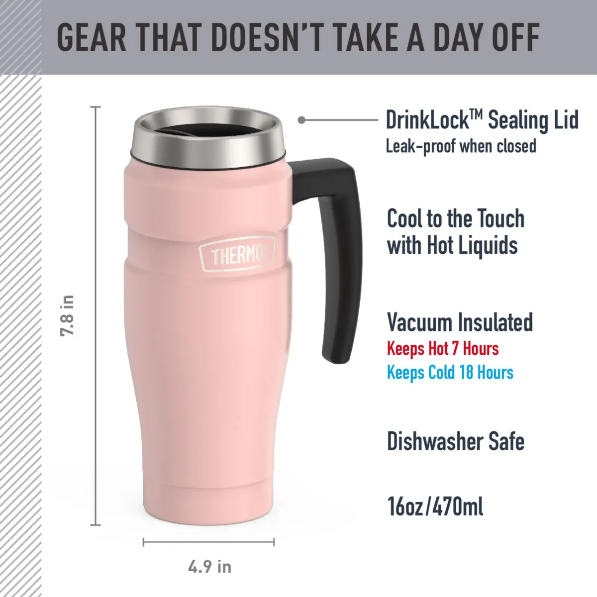 THERMOS Stainless King 16oz Travel Mug with Handle, Matte Pink - Insulated Tumbler - view 2