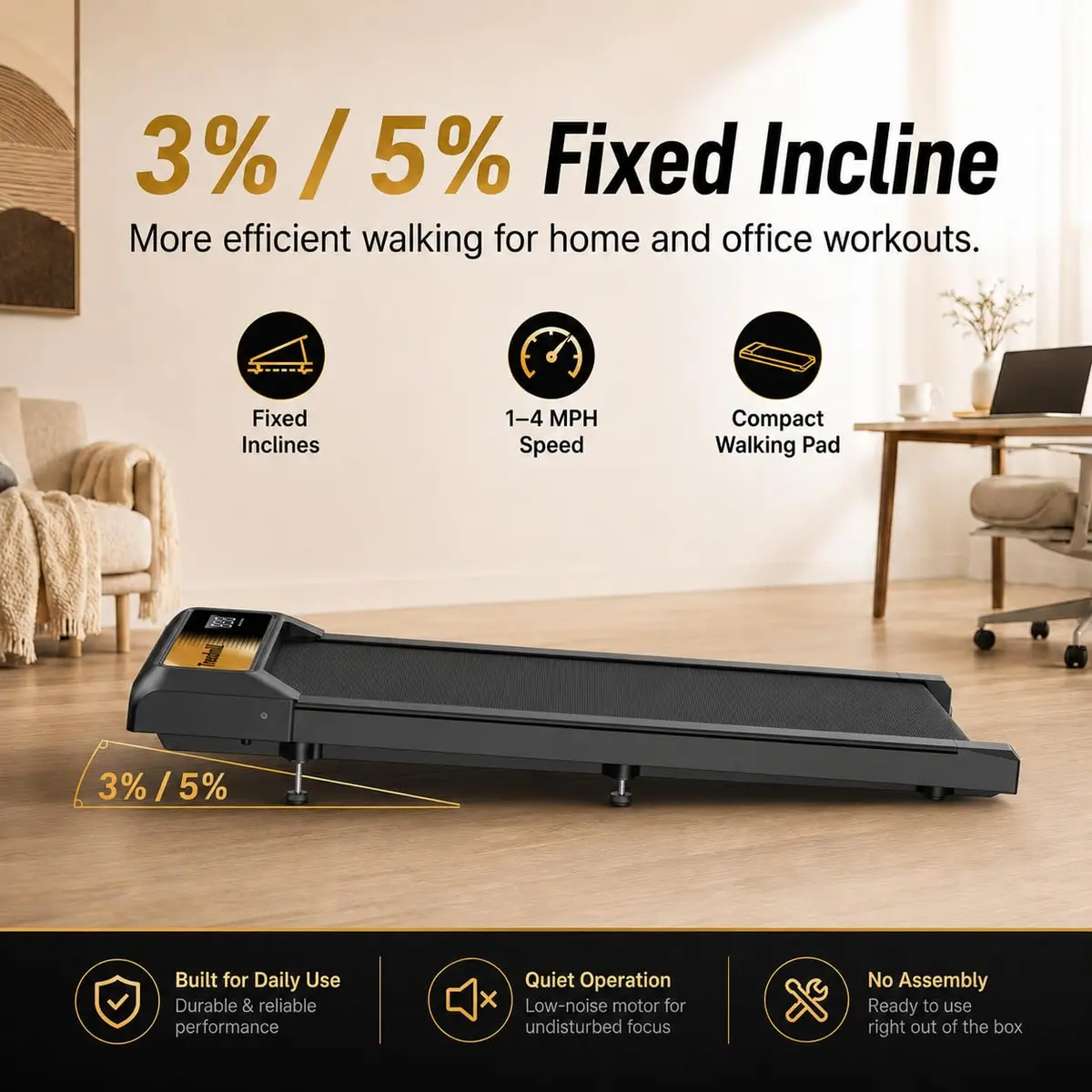HOELLL Walking Pad Treadmill with 5% Incline | Compact, Quiet & Space-Saving for Home & Office - view 2