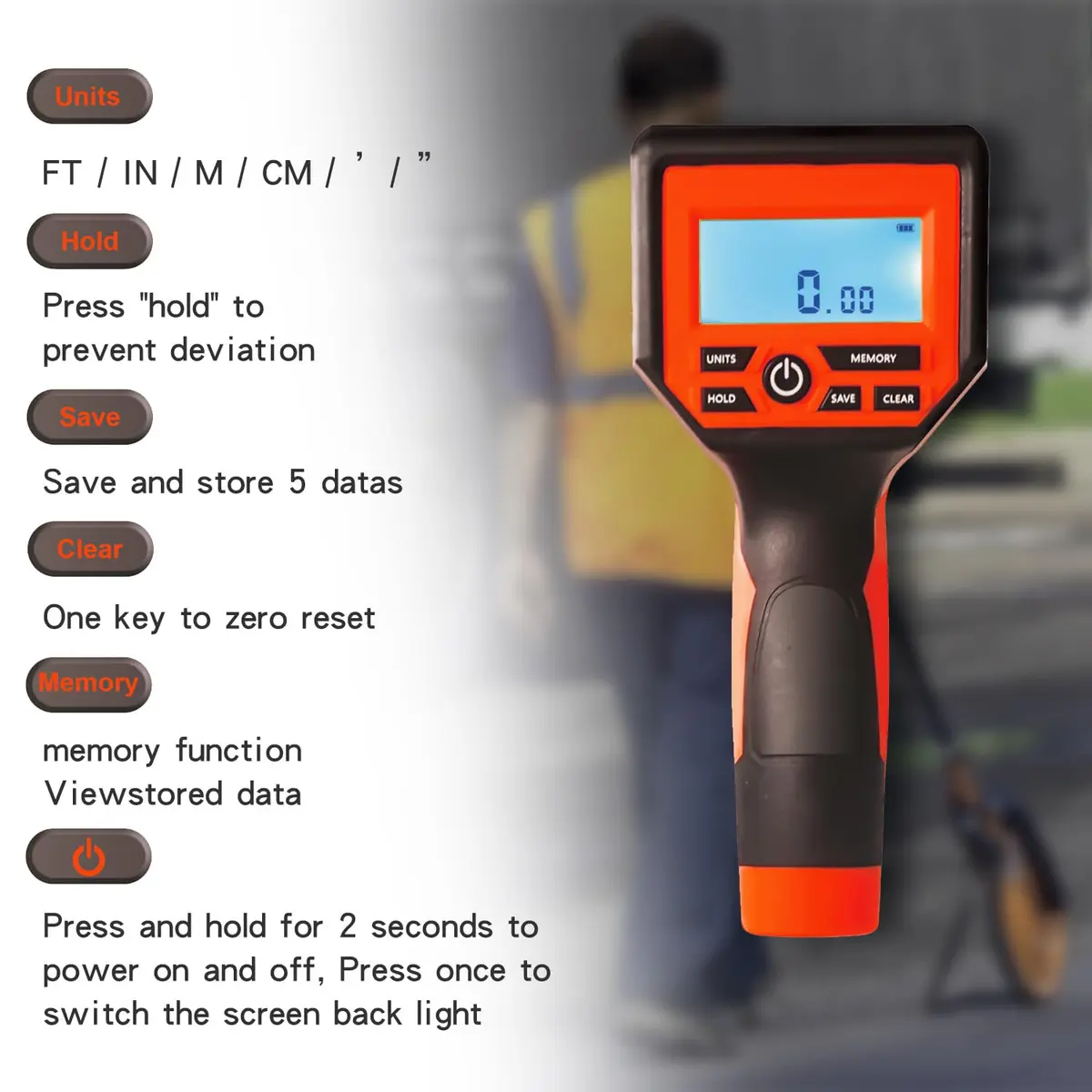 Zozen Measuring Wheel Digital Display, Imperial/Metric,12.5” Orange Roller | High Precision, Waterproof & Portable - view 2