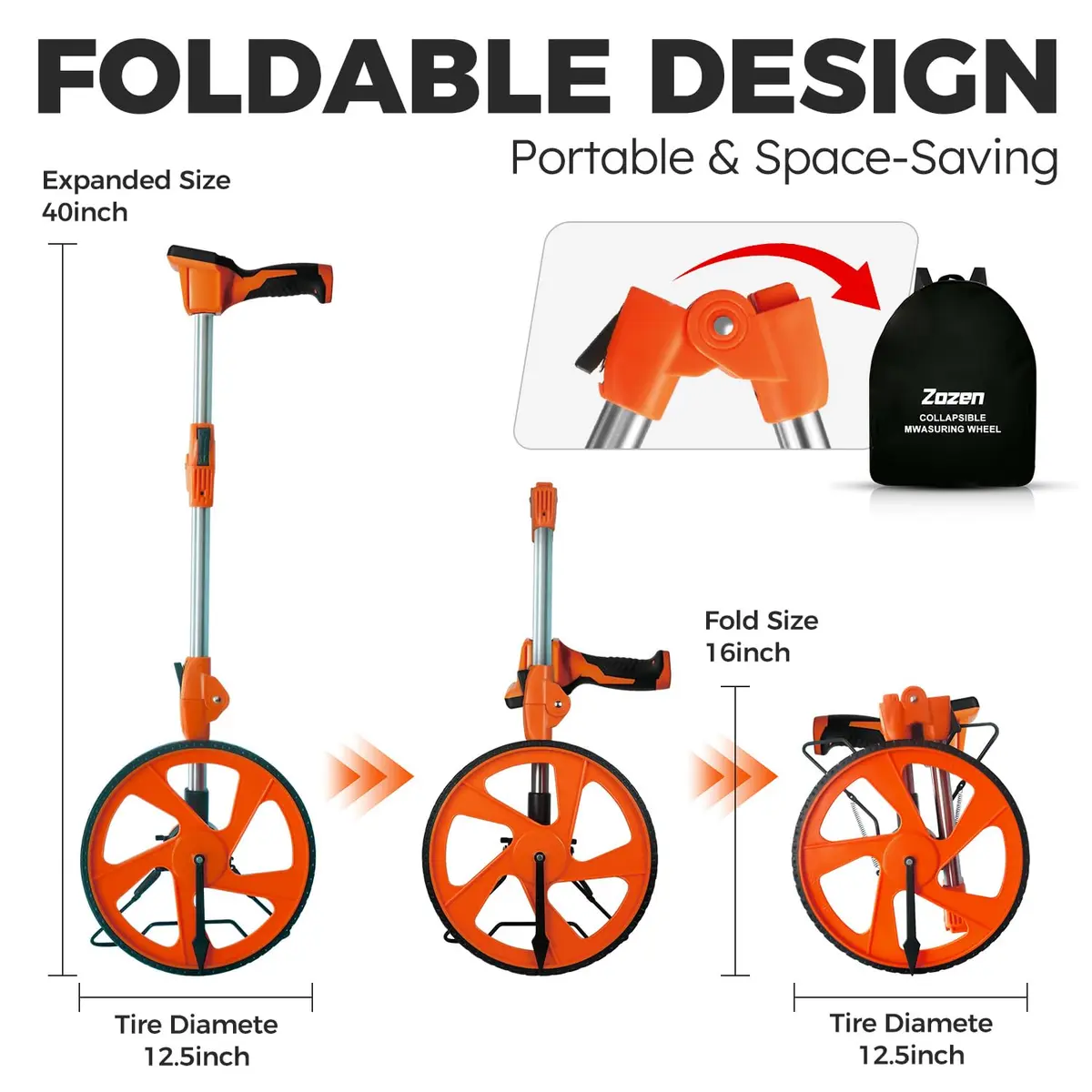 Zozen Measuring Wheel Digital Display, Imperial/Metric,12.5” Orange Roller | High Precision, Waterproof & Portable - view 3