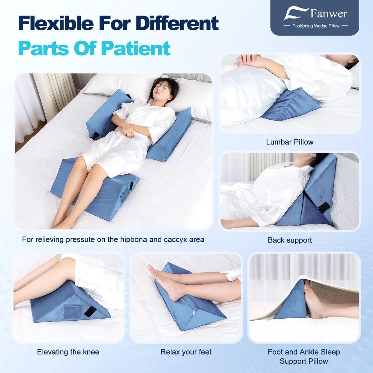 Fanwer Positioning Wedge Pillow for Side Sleeping (3 in 1),19.69",LightBlue | Adjustable Support for Bed & Post-Surgery Recovery - view 5