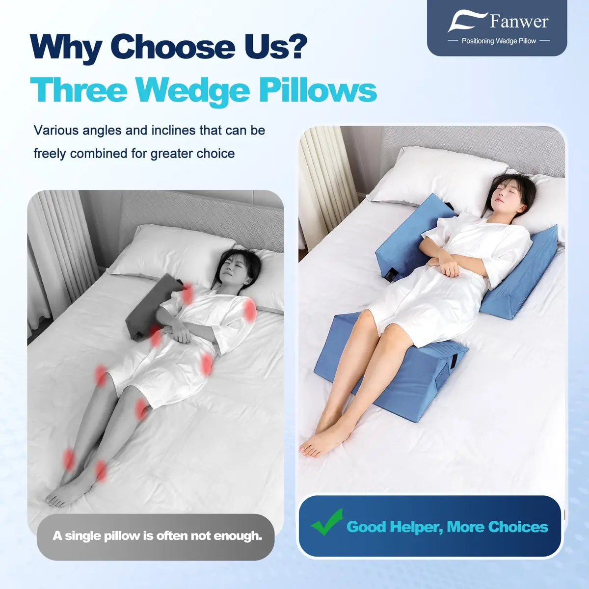 Fanwer Positioning Wedge Pillow for Side Sleeping (3 in 1),19.69",LightBlue | Adjustable Support for Bed & Post-Surgery Recovery - view 6