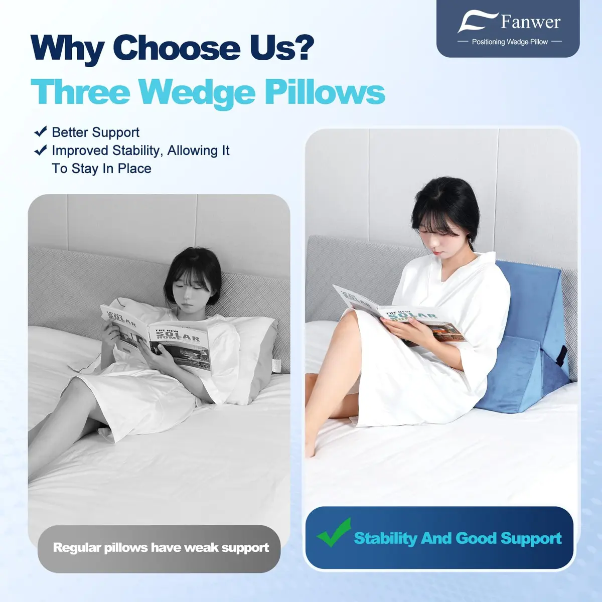 Fanwer Positioning Wedge Pillow for Side Sleeping (3 in 1),19.69",LightBlue | Adjustable Support for Bed & Post-Surgery Recovery - view 7