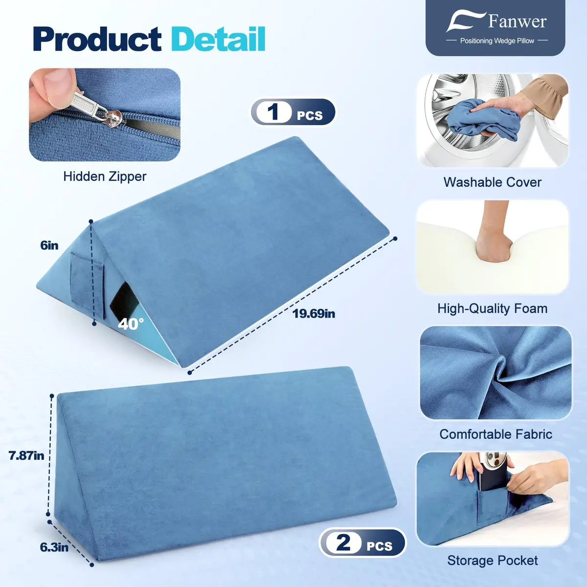 Fanwer Positioning Wedge Pillow for Side Sleeping (3 in 1),19.69",LightBlue | Adjustable Support for Bed & Post-Surgery Recovery - view 8