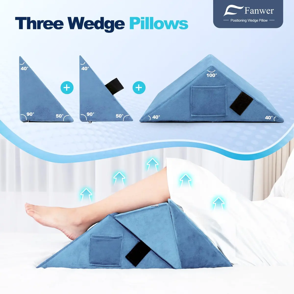 Fanwer Positioning Wedge Pillow for Side Sleeping (3 in 1),19.69",LightBlue | Adjustable Support for Bed & Post-Surgery Recovery - view 9