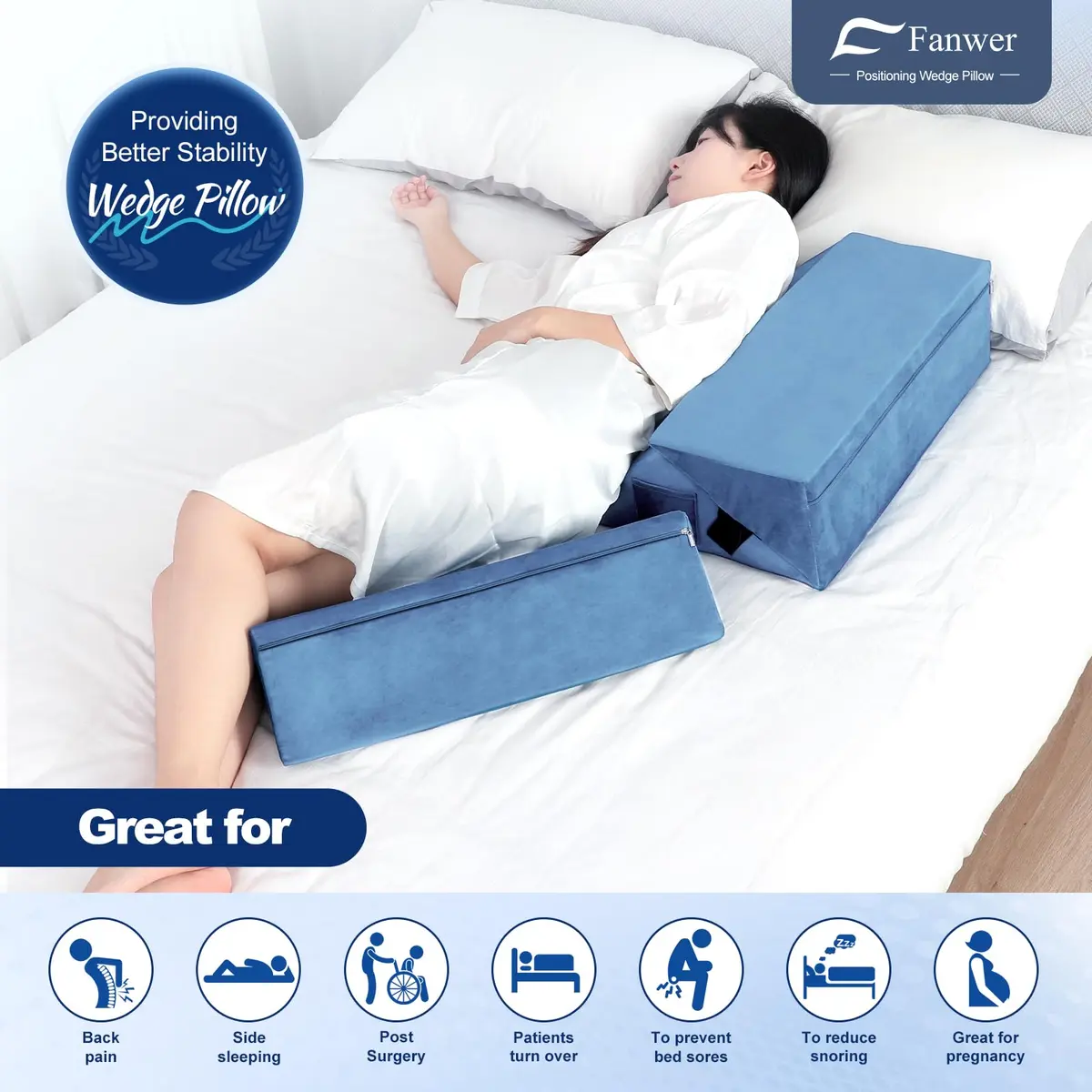 Fanwer Positioning Wedge Pillow for Side Sleeping (3 in 1),19.69",LightBlue | Adjustable Support for Bed & Post-Surgery Recovery - view 2