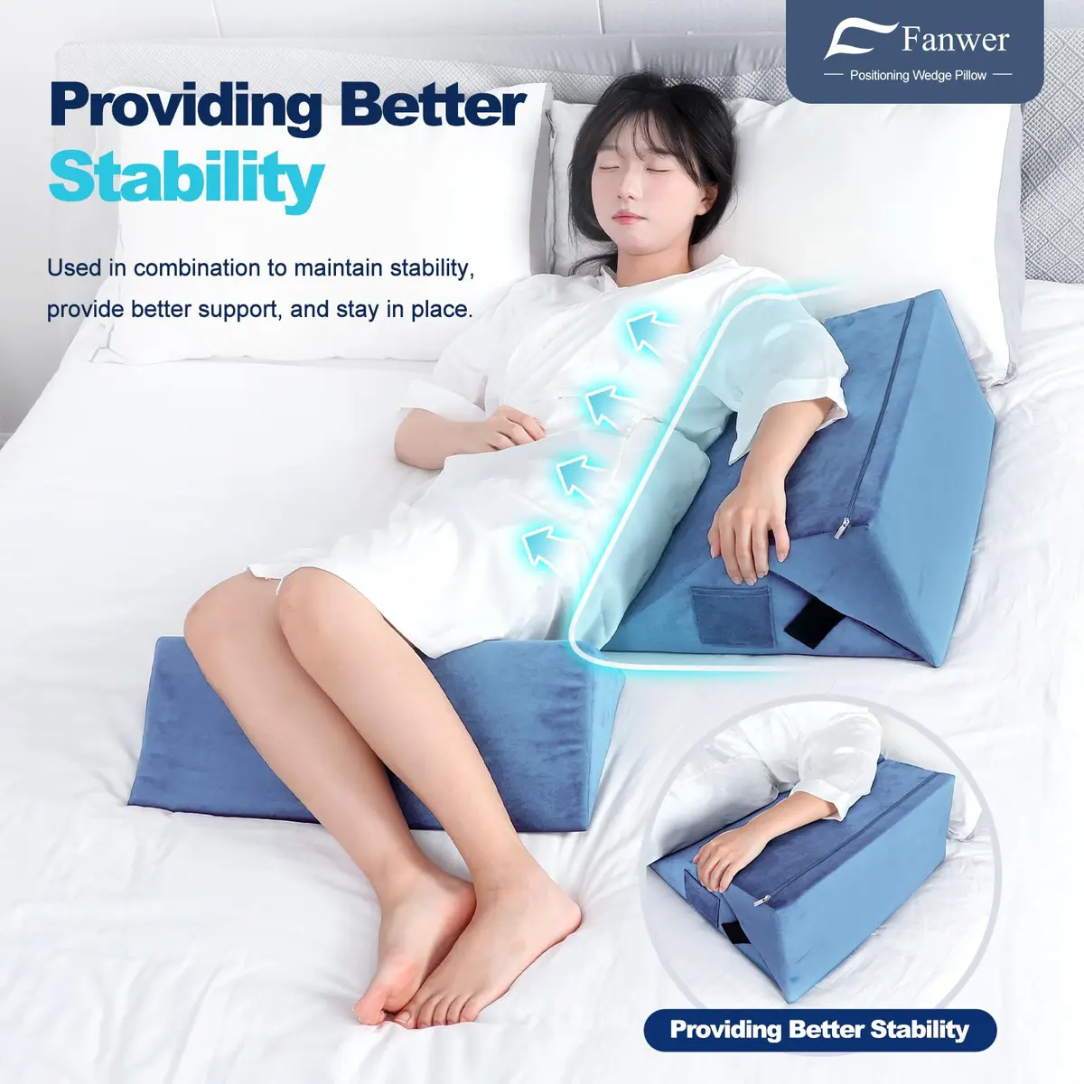 Fanwer Positioning Wedge Pillow for Side Sleeping (3 in 1),19.69",LightBlue | Adjustable Support for Bed & Post-Surgery Recovery - view 3