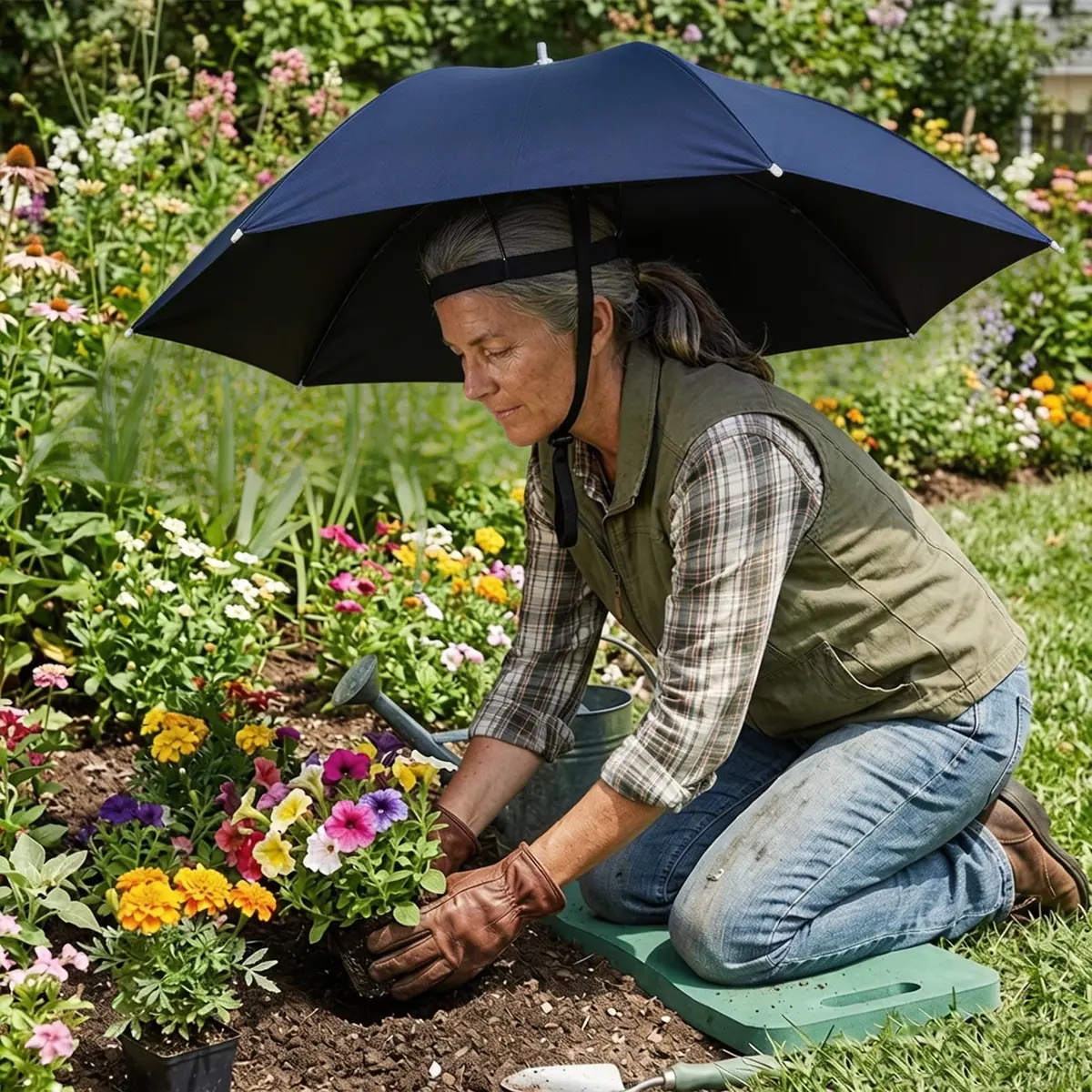 Luwint 36" Hands Free Umbrella Hat, Blue | Wearable Sun & Rain Protection with Adjustable Chin Strap - view 6