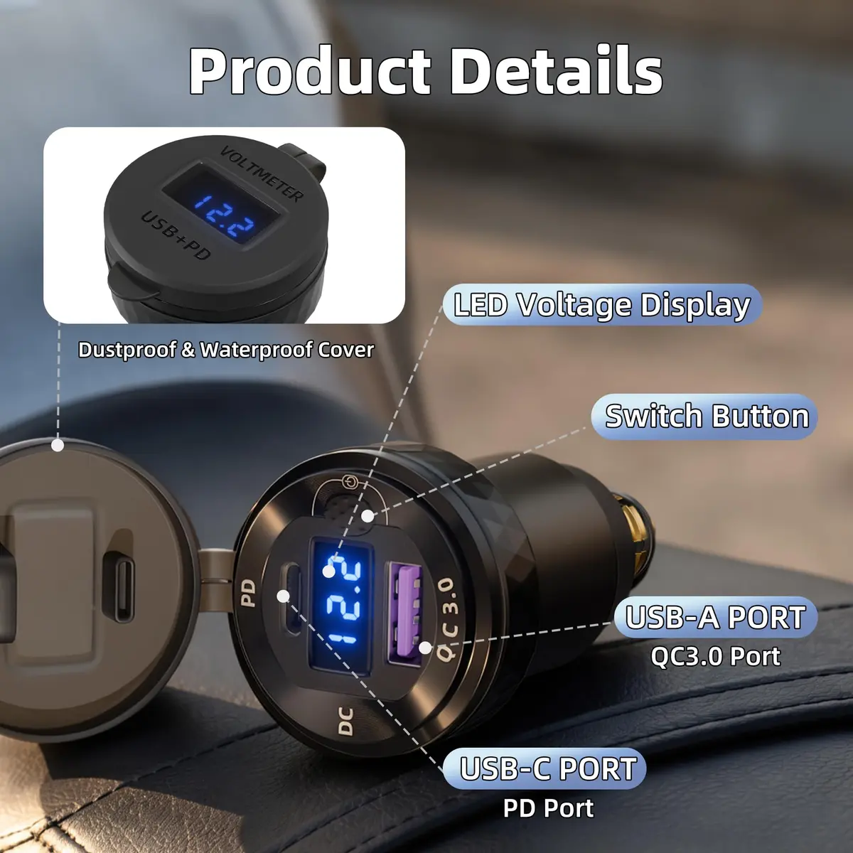 DaierTek Waterproof DIN/Hella USB Charger Adapter 12V | Fast Charging, Blue LED, Motorcycle Compatible - view 2